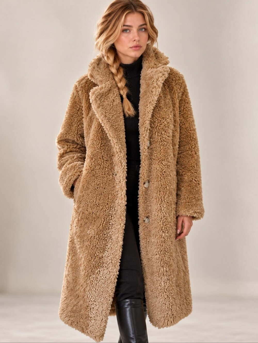 SAKI Swedish Plush Teddy Coat – Long Elegant Fully Lined 3-Button